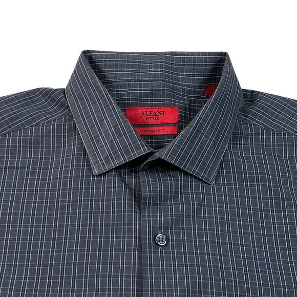 Alfani Button Up Shirt Fitted Performance Large 16 34/35 Gray Plaid Long Sleeve - Picture 2 of 6